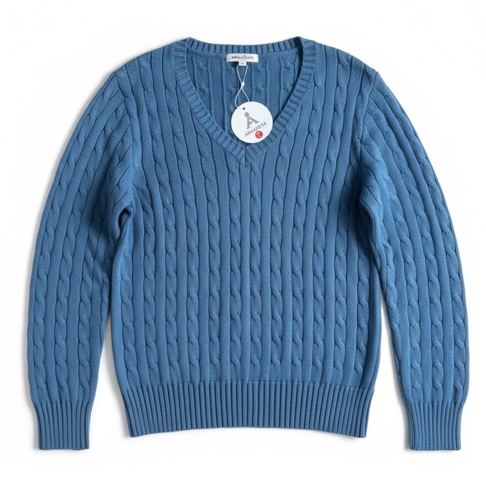 ANRABESS Cable Knit V-Neck Sweater Classic Preppy Pullover Work Blue Large